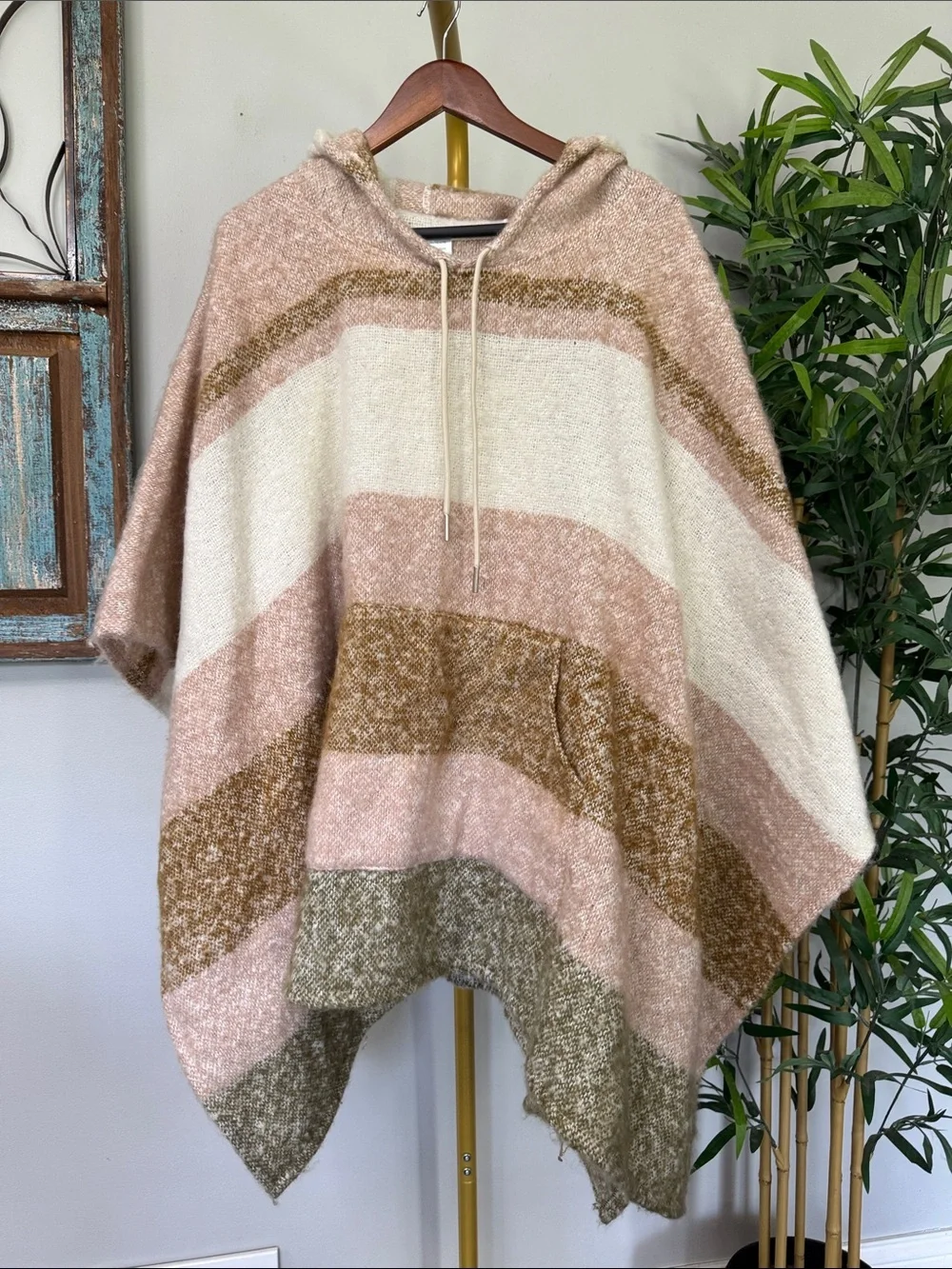 Striped Hooded Poncho in Blush, Cream & Olive NWOT